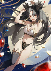  absurdres armlet armpits arms_up bikini black_hair breasts cleavage coin earrings fate/grand_order fate_(series) female floating_hair gem gold highres hoop_earrings ishtar_(fate) jewelry long_hair medium_breasts mismatched_bikini navel neck_ribbon open_mouth red_eyes revision ribbon ruby_(gemstone) single_sleeve single_thighhigh single_wrist_cuff smile solo star741 swimsuit symbol-shaped_pupils thighhighs thighlet tiara very_long_hair wrist_cuffs 