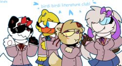  2018 accessory alpha_channel anthro avian bird black_sclera blue_eyes blue_sclera blush bottomwear bow_ribbon churro_(birdie) clothing colored cosplay creation_(birdie) crossover crossover_cosplay digital_drawing_(artwork) digital_media_(artwork) doki_doki_literature_club! domestic_ferret english_text fangs female fur group hair_accessory hair_ribbon hairbow hairclip jagged_mouth mammal mustelid musteline parrot polly_(birdie) pouting pupils red_pupils ribbons ringneck_parrot school_uniform skirt spritecranbirdie symbol-shaped_pupils symbol_pawpads tan_body tan_fur team_salvato teeth text true_musteline twinkie_(birdie) uniform unusual_pupils weasel white_body white_fur yellow_body yellow_fur yellow_sclera 