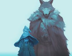  1boy beastars blaidd_the_half-wolf blue_eyes blue_hair blue_skin blue_theme cloak colored_skin cosplay cracked_skin crossover dress elden_ring extra_faces female fur_cloak furry furry_female furry_male haru_(beastars) hat highres legoshi looking_at_viewer megzavala one_eye_closed ranni_the_witch ranni_the_witch_(cosplay) witch_hat wolf_boy 