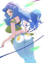  ass back backlighting bare_arms bare_shoulders blue_eyes blue_hair breasts camisole capri_pants crop_top female hand_on_own_hip highres karen_(pokemon) large_breasts light_blue_hair long_hair masamu_(leonore69) midriff panties_visible_through_clothes pants parted_bangs pokemon pokemon_hgss shirt solo spaghetti_strap wavy_hair white_pants yellow_camisole yellow_shirt 