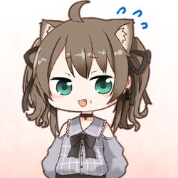  ahoge animal_ears blush_stickers brown_hair cat_ears cat_girl chibi chibi_only choker embarrassed female flying_sweatdrops green_eyes grey_shirt hair_ribbon hololive medium_hair natsuiro_matsuri natsuiro_matsuri_(casual) ribbon sailor_collar shirt solo tonton_(tonz159) twintails upper_body virtual_youtuber 