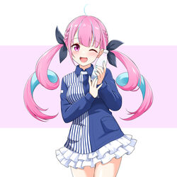  ;d ahoge blue_hair bottle braid colored_inner_hair felutiahime female hair_ribbon highres holding holding_bottle hololive lawson long_hair long_sleeves looking_at_viewer minato_aqua multicolored_hair nail_polish one_eye_closed open_mouth pink_background pink_hair purple_eyes ribbon simple_background skirt smile solo twintails two-tone_hair uniform virtual_youtuber water_bottle white_background white_skirt 