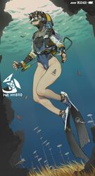  animal black_gloves black_hair bodysuit breasts chinese_commentary commentary_request diving_hood diving_mask diving_suit female fingerless_gloves fish flippers gloves goggles groin harpoon harpoon_gun original solo underwater wetsuit youzu_(youzuyozu) 