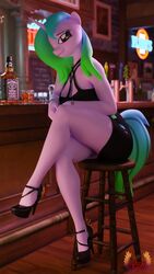  2022 3d_(artwork) 4k 9:16 absurd_res alcohol anthro bar beverage black_clothing black_dress black_footwear black_high_heels clothing crossed_legs digital_media_(artwork) dress equid equine female fiona_mahri footwear green_hair hair hasbro hi_res high_heels horn inside jack_daniel&#039;s loveslove mammal my_little_pony mythological_creature mythological_equine mythology pink_body sitting solo unicorn 