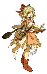  adapted_costume blonde_hair blue_eyes book dc9spot dress female fire_emblem frying_pan gold_trim mother_(game) mother_2 open_mouth paula_(mother_2) puffy_sleeves red_footwear ribbon short_hair short_sleeves 