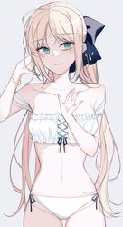  ahoge artoria_caster_(fate) artoria_caster_(third_ascension)_(fate) artoria_pendragon_(fate) ass_visible_through_thighs bare_arms bare_shoulders black_ribbon blue_bow bow bracelet breasts closed_mouth collarbone diamond_(shape) fate/grand_order fate_(series) female green_eyes hair_between_eyes hairbow highres jewelry looking_at_viewer mati5572 medium_breasts panties ribbon smile solo stomach thigh_gap twintails underwear white_background white_panties 