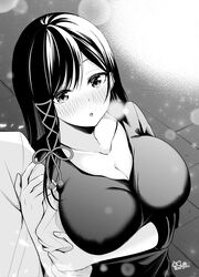  :o amagami-san_chi_no_enmusubi amagami_yae arm_grab black_hair black_shirt blush breasts brick_road cleavage collarbone commentary_request female hair_between_eyes hair_ribbon highres large_breasts long_hair monochrome open_mouth ribbon ryopa shirt sidelocks signature sleeves_rolled_up solo_focus standing upper_body white_shirt 