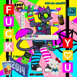  1:1 2000s_theme 2022 aliasing alternative_fashion animal_jam anthro arm_warmers armwear atomic_cat banner beverage_can blue_text bottomwear bra bracelet breasts capri_sun_(company) choker clothed clothing collage_(artwork) colorful_theme comic_sans cursor dark_body dark_fur digital_drawing_(artwork) digital_media_(artwork) domestic_cat english_text epic_face eyewear facial_tuft felid feline felis female fishnet_armwear fishnet_clothing flat_colors fully_clothed fur game_boy game_boy_family glowstick glowstick_necklace goggles green_eyewear green_goggles green_text heart_symbol hello_kitty_(character) hello_kitty_(series) hi_res highlights_(coloring) jam_(character) jewelry legwear lgbt_pride magenta_hair magenta_highlights mammal meme microsoft microsoft_paint_(artwork) microsoft_paint_(copyright) mismatched_socks missing_texture mixed_media multicolored_armwear multicolored_clothing necklace nintendo nonbinary_(lore) nonbinary_pride_colors nyan_cat nyan_cat_(copyright) occult_symbol pentacle plushie pride_colors profanity purple_body purple_fur rainbow_armwear rainbow_clothing red_text roblox sanrio scene_(fashion) shorts solo sparkles sports_bra symbol text thigh_highs transgender_pride_colors tuft underwear wildworks window_(computing) 