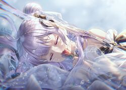  air_bubble azur_lane bare_shoulders bubble closed_eyes collar female flower haneru highres holding holding_flower purple_hair rose sidelocks solo submerged unicorn_(azur_lane) 