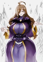  1girls absurd_res ahoge ajaycolor amber_eyes big_breasts colored colored_version female female_only hair_over_one_eye kono_subarashii_sekai_ni_shukufuku_wo! light_blush looking_at_viewer massive_breasts massive_thighs smiling smiling_at_viewer thegoldensmurf thick_thighs white_background wide_hips wiz_(konosuba) 