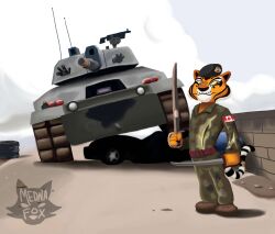  absurd_res anthro army army_uniform dreamworks felid female fur hi_res kung_fu_panda mammal markings master_tigress mednafox melee_weapon pantherine solo striped_body striped_fur striped_markings striped_tail stripes sword tail tail_markings tank universal_studios vehicle weapon 