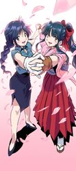  2girls :d absurdres blue_eyes blue_hair blue_shirt blue_skirt bow braid brown_eyes brown_gloves cherry_blossoms commentary_request creator_connection crossover fingerless_gloves gloves hairbow happy high_heels highres holding_hands interlocked_fingers kobayakawa_miyuki long_hair looking_at_viewer midnamana multiple_girls pink_robe police police_uniform policewoman ponytail red_bow red_skirt robe sakura_taisen sandals shinguuji_sakura shirt short_sleeves single_braid skirt smile standing taiho_shichauzo uniform white_gloves 