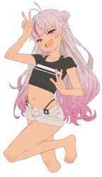  :d akitetsu alternate_hairstyle antenna_hair barefoot black_shirt crop_top denim denim_shorts female gradient_hair grey_hair hair_bun highleg highleg_panties highres long_hair looking_at_viewer matsukai_mao midriff multicolored_hair navel nijisanji oerba_yun_fang panties pink_eyes pink_hair shirt short_shorts short_sleeves shorts simple_background single_side_bun skin_fang smile solo toes underwear v virtual_youtuber w white_background white_shorts 