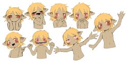  adult_(lore) anthro bamfear blonde_hair blush breasts brown_body closed_eyes doneru fangs featureless_breasts female gesture hair hand_gesture hi_res looking_at_viewer navel nude pointing simple_background small_breasts smile solo tany_(doneru) teeth waving white_background young young_anthro young_female 