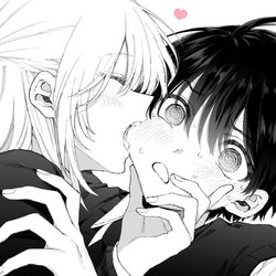  1boy @_@ ahoge biting blush character_name cheek_biting closed_eyes commentary_request couple ear_blush eyes_visible_through_hair female fingernails greyscale hair_between_eyes half_updo hand_on_another&#039;s_chin hatching_(texture) heart highres izumi_yuu_(kawaii_dake_ja_nai_shikimori-san) kawaii_dake_ja_nai_shikimori-san long_sleeves maki_keigo monochrome open_mouth shikimori_(kawaii_dake_ja_nai) simple_background spot_color straight sweat white_background 