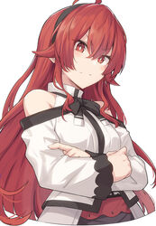  ahoge black_hairband bow breasts commentary crossed_arms eris_greyrat female hair_between_eyes hairband long_hair looking_at_viewer mushoku_tensei red_hair shirt shiseki_hirame simple_background small_breasts solo white_background white_shirt 