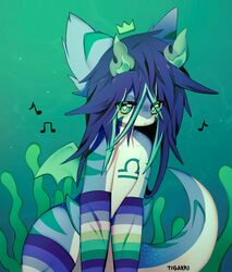  absurd_res algae animal_humanoid astrological_symbol blue_body blue_hair blue_skin clothing crown detailed_background domestic_cat eyes felid feline felis fin fish fluffy_ears footwear fur gloves green_eyes green_stripes hair handwear headgear heart_symbol hi_res horn humanoid hybrid lazy libra_(symbol) long_hair magic male mammal mammal_humanoid marine musical_note pivoted_ears sea shark shark_tail sloth_(yamikadesu) socks solo striped_body striped_fur stripes symbol tigakki underwater water western_zodiac_symbol white_body white_skin wings 