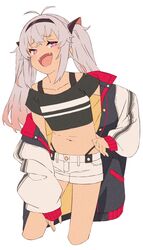  :d akitetsu antenna_hair black_hairband black_shirt crop_top cropped_legs crossed_bangs denim denim_shorts fangs female gradient_hair grey_hair hairband highleg highleg_panties highres jacket jacket_partially_removed long_sleeves looking_at_viewer matsukai_mao matsukai_mao_(1st_costume) medium_hair multicolored_hair navel nijisanji open_mouth panties pink_eyes pink_hair shirt short_shorts shorts simple_background smile solo twintails underwear virtual_youtuber white_background white_shorts 