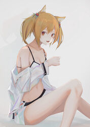  7ife :d absurdres animal_ears arknights bad_id bad_pixiv_id bare_legs bikini blonde_hair breasts cleavage commentary female grey_background hair_between_eyes hair_ornament highres jacket looking_at_viewer medium_breasts medium_hair midriff navel off_shoulder official_alternate_costume open_clothes open_jacket open_mouth red_eyes simple_background sitting smile solo sora_(arknights) sora_(summer_flowers)_(arknights) swimsuit thighs twintails white_bikini white_jacket wolf_ears 