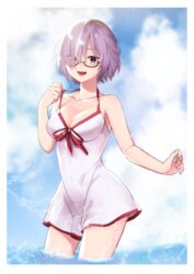  bad_id bad_pixiv_id bare_arms bare_shoulders blue_sky blush bow breasts cleavage cloud cloudy_sky collarbone commentary_request day dress dress_bow dress_swimsuit eyes_visible_through_hair fate/grand_order fate_(series) female glasses hair_over_one_eye highres kamura_(comera01) large_breasts looking_at_viewer mash_kyrielight mash_kyrielight_(swimsuit_of_perpetual_summer) official_alternate_costume open_mouth outdoors purple_eyes purple_hair short_hair sky smile solo teeth upper_teeth_only wading water white_dress 