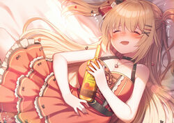  akai_haato akai_haato_(gothic_lolita) alcohol blonde_hair blush bottle bow breasts cleavage closed_eyes dress drunk female hair_ornament hairbow heart heart_hair_ornament heart_necklace highres hololive jewelry large_breasts long_hair lying magowasabi necklace oerba_yun_fang official_alternate_costume on_back on_bed one_side_up open_mouth red_bow saliva skin_fang sleeping smile solo squeans tequila very_long_hair virtual_youtuber x_hair_ornament 