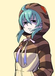  blue_hair brown_hoodie check_commentary closed_mouth commentary_request crossed_bangs female frown gradient_neck_ribbon gradient_ribbon green_eyes hair_between_eyes hands_in_pockets highres hood hoodie kemono_friends kouson_q long_sleeves looking_at_viewer neck_ribbon pink_ribbon print_hoodie ribbon short_hair snake_print solo tsuchinoko_(kemono_friends) yellow_hoodie 