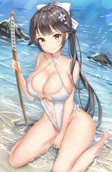  azur_lane bare_arms bare_shoulders beach black_hair bow breasts caustics choker cleavage collarbone criss-cross_halter female flower frown groin hair_flower hair_ornament hairbow hairclip halterneck highleg highleg_swimsuit highres holding kitin large_breasts long_hair looking_at_viewer md5_mismatch navel official_alternate_costume one-piece_swimsuit photoshop_(medium) ponytail revision see-through sitting solo swimsuit sword takao_(azur_lane) takao_(beach_rhapsody)_(azur_lane) thighs very_long_hair water weapon wet white_one-piece_swimsuit wooden_sword yellow_eyes 