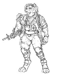  2022 ammunition anthro ear_piercing ear_ring extinct felid feline female gun hotchkisstank leg_armor looking_aside mammal military_clothing military_jacket military_pants monochrome piercing pouch_(clothing) prehistoric_species ranged_weapon ring_piercing saber-toothed_tiger semi-automatic shotgun simple_background solo weapon 