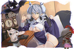  2girls absurdres armor auguste breasts dress drill_hair duel_monster grey_hair habit highres horns knight knight_(yu-gi-oh!) large_breasts long_hair lovely_labrynth_of_the_silver_castle md5_mismatch multiple_girls nun pointy_ears see-through thighhighs yellow_eyes yu-gi-oh! 