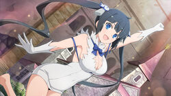  arm_ribbon barefoot black_hair blue_eyes blue_ribbon blush breasts building bush cleavage cleavage_cutout clothing_cutout dress dungeon_ni_deai_wo_motomeru_no_wa_machigatteiru_darou_ka female fence gloves hair_ornament hair_ribbon hestia_(danmachi) large_breasts long_hair looking_at_viewer official_art open_mouth pencil_dress rei_no_himo ribbon senran_kagura senran_kagura_new_link short_dress smile solo twintails white_dress white_gloves window yaegashi_nan 