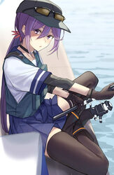  akebono_(kancolle) akebono_kai_ni_(kancolle) bad_id bad_twitter_id black_thighhighs blue_skirt blush brown_gloves female fishing fishing_rod flower gloves hair_between_eyes hair_flower hair_ornament highres holding holding_fishing_rod kantai_collection long_hair looking_at_viewer pallad pink_flower pleated_skirt purple_eyes purple_hair school_uniform serafuku short_sleeves side_ponytail skirt solo thighhighs 