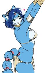  2023 absurd_res anthro ass blue_body blue_butt blue_ears blue_fur blue_hair blue_neck blue_tail bottomwear breasts canid canine clothed clothing female fox fur green_eyes hair hi_res krystal_(star_fox) loincloth looking_at_viewer mammal nintendo solo star_fox tail watatanza 