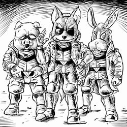  1:1 anthro belt boots bottomwear canid canine clothing domestic_pig eyewear footwear fox gloves group handwear hi_res jacket james_mccloud lagomorph leporid male mammal monochrome nintendo pants peppy_hare pigma_dengar rabbit star_fox suid suina sunglasses sus_(pig) takaya_imamura topwear trio 