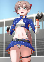  akigumo_(kancolle) akigumo_kai_ni_(race_queen_mode)_(kancolle) bad_id bad_pixiv_id bandeau bleachers blue_jacket blue_skirt blue_sky breasts brown_hair commentary_request cropped_jacket female fence gloves green_eyes hair_ribbon jacket kantai_collection long_hair midriff mole mole_under_eye multicolored_clothes multicolored_gloves navel nikku_(nzaf5832) official_alternate_costume panties pantyshot ponytail race_queen ribbon skirt sky small_breasts solo standing stomach underwear white_bandeau white_panties 