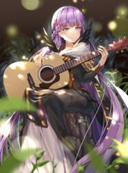  absurdres black_dress braid commission commissioner_upload dress feathers female fire_emblem fire_emblem:_the_binding_blade fire_emblem_heroes french_braid full_body guitar highres instrument long_dress long_hair long_sleeves music nature purple_eyes purple_hair renka_(renkas) sitting skeb_commission smile sophia_(fire_emblem) sophia_(resplendent)_(fire_emblem) tree_stump very_long_hair white_dress 