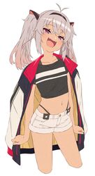  :d akitetsu black_shirt crop_top cropped_legs crossed_bangs denim denim_shorts fangs female gradient_hair grey_hair highleg highleg_panties highres jacket jacket_on_shoulders looking_at_viewer matsukai_mao medium_hair midriff multicolored_hair navel nijisanji panties pink_eyes pink_hair shirt short_shorts shorts simple_background smile solo twintails underwear virtual_youtuber white_background white_shorts 