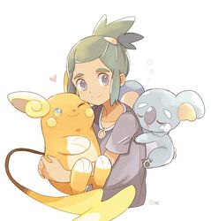  1boy ;) alolan_form alolan_raichu bangs_pinned_back black_shirt blue_eyes blush closed_eyes commentary_request creature cropped_torso dark_skin dark_skinned_male gen_7_pokemon green_hair hau_(pokemon) heart holding holding_poke_ball holding_pokemon komala looking_at_viewer male_focus mei_(maysroom) one_eye_closed poke_ball poke_ball_(generic) pokemon pokemon_(creature) pokemon_(game) pokemon_on_back pokemon_sm shirt signature sleeping smile topknot 