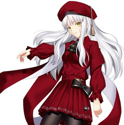  beret black_pantyhose breasts brooch caren_hortensia caren_hortensia_(amor_caren) caren_hortensia_(amor_caren)_(second_ascension) dress fate/grand_order fate_(series) female hat highres jewelry long_hair long_sleeves looking_at_viewer medium_breasts mishiro_(ixtlolton) neck_ribbon pantyhose parted_lips red_dress red_hat ribbon shawl simple_background solo takeuchi_takashi_(style) thighs wavy_hair white_hair yellow_eyes 