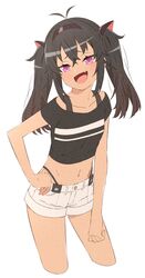  :d akitetsu alternate_hair_color black_hair black_hairband black_shirt crop_top cropped_legs crossed_bangs denim denim_shorts female hair_between_eyes hairband hand_on_own_hip highleg highleg_panties highres looking_at_viewer matsukai_mao medium_hair midriff navel nijisanji oerba_yun_fang panties pink_eyes shirt short_shorts short_sleeves shorts simple_background skin_fang smile solo twintails underwear virtual_youtuber white_background white_shorts 