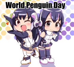  2girls african_penguin_(kemono_friends) animal_costume black_hair colored_shoe_soles english_text gloves headphones highres humboldt_penguin_(kemono_friends) kemono_friends kemono_friends_v_project long_hair looking_at_viewer microphone multicolored_hair multiple_girls one_eye_closed open_mouth penguin_costume penguin_tail rakugaki_arai shirt short_hair simple_background smile straight_hair tail virtual_youtuber white_background 