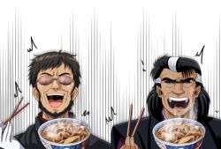  2boys beard black_hair bowl chopsticks crying facial_hair food gloves gyuudon holding holding_chopsticks ikari_gendou male_focus multicolored_hair multiple_boys neon_genesis_evangelion open_mouth streaked_hair sunglasses tk8d32 white_gloves white_hair 