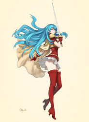  aqua_hair armor ass blue_eyes blue_hair breastplate cape commentary dress eirika_(fire_emblem) female fingerless_gloves fire_emblem fire_emblem:_the_sacred_stones from_below gloves highres long_hair looking_at_viewer miniskirt ozkh panties pantyshot red_gloves red_thighhighs short_dress sidelocks skirt solo thighhighs underwear upskirt weapon white_panties 