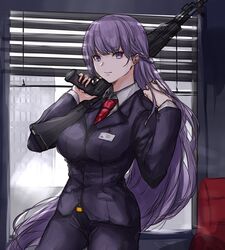  an-94 assault_rifle belt black_clothes braid breasts building commission commissioner_upload female fire_emblem fire_emblem:_the_binding_blade formal french_braid gazelle_jun gun highres long_hair looking_at_viewer medium_breasts necktie pant_suit pants purple_eyes purple_hair red_nails rifle serious solo sophia_(fire_emblem) standing suit very_long_hair weapon window window_blinds 