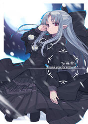  absurdres black_bow black_capelet black_dress black_pantyhose blue_hair bow buttons capelet closed_mouth commentary_request commission dress english_text female floating_hair fur-trimmed_capelet fur_collar fur_trim hairbow highres izayoi_cha kagetsu_tooya len_(tsukihime) long_hair long_sleeves looking_at_viewer moon neck_ribbon pantyhose parted_bangs pointy_ears pom_pom_(clothes) red_eyes ribbon sidelocks skeb_commission snow solo tsukihime very_long_hair white_ribbon 