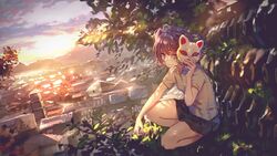  black_skirt brown_eyes brown_hair building cityscape female fox_mask highres in_tree mask mountainous_horizon nakitai_watashi_wa_neko_wo_kaburu official_art outdoors prismplus roki_(0214278) short_sleeves skirt smile solo sunlight sunset tenjin_kotone tree virtual_youtuber yuuyake_koyake 