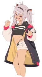  :d akitetsu antenna_hair black_hairband black_shirt crop_top cropped_legs crossed_bangs feet_out_of_frame female flat_chest grey_hair hair_between_eyes hairband highleg highleg_panties highres jacket jacket_partially_removed long_sleeves looking_at_viewer matsukai_mao medium_hair midriff navel nijisanji oerba_yun_fang open_clothes open_jacket open_mouth panties pink_eyes shirt shorts simple_background skin_fang smile solo twintails twisted_torso underwear virtual_youtuber white_background white_jacket white_shorts 