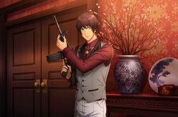  1boy aijima_cecil assault_rifle belt blue_eyes bolo_tie box brown_belt brown_hair closed_mouth cowboy_shot door doorknob fingernails formal game_cg grey_vest gun hand_up highres holding holding_gun holding_weapon indoors jacket looking_at_viewer m4_carbine male_focus official_art open_clothes open_collar open_jacket pants peach_blossom pinstripe_pattern plate porcelain qinghua_(porcelain) red_shirt rifle serious shirt short_hair solo standing striped table third-party_source uta_no_prince-sama uta_no_prince-sama:_shining_live vase vest wallpaper_(object) weapon white_pants wooden_door 