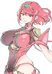  backless_outfit bob_cut breasts drop_earrings earrings female highres hip_vent impossible_clothes jewelry large_breasts looking_at_viewer micro_shorts pyra_(xenoblade) red_eyes red_hair shiny_skin short_hair shorts simple_background skindentation smile solo swept_bangs tiara ug333333 upper_body white_background xenoblade_chronicles_(series) xenoblade_chronicles_2 