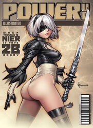  2b_(nier:automata) ass barcode black_blindfold black_gloves black_hairband blindfold boots breasts cleavage_cutout clothing_cutout commentary cover covered_eyes english_commentary english_text fake_magazine_cover feather-trimmed_sleeves female gloves hair_over_one_eye hairband highleg highleg_leotard highres holding holding_sword holding_weapon juliet_sleeves katana leotard lips long_sleeves magazine_cover md5_mismatch medium_breasts nier:automata nier_(series) no_mole photoshop_(medium) puffy_sleeves ryan_kinnaird shiny_clothes short_hair shrug_(clothing) solo sword thigh_boots thighhighs thighhighs_under_boots thong_leotard vambraces virtuous_contract weapon white_hair white_leotard 