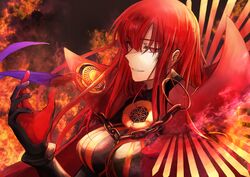  absurdres black_bodysuit bodysuit breasts cape chains collared_cape crest family_crest fate/grand_order fate_(series) female fire hair_over_one_eye highres koha-ace konoya_eimu large_breasts long_hair looking_at_viewer oda_nobunaga_(fate) oda_nobunaga_(maou_avenger)_(fate) oda_uri popped_collar red_cape red_eyes red_hair smile 